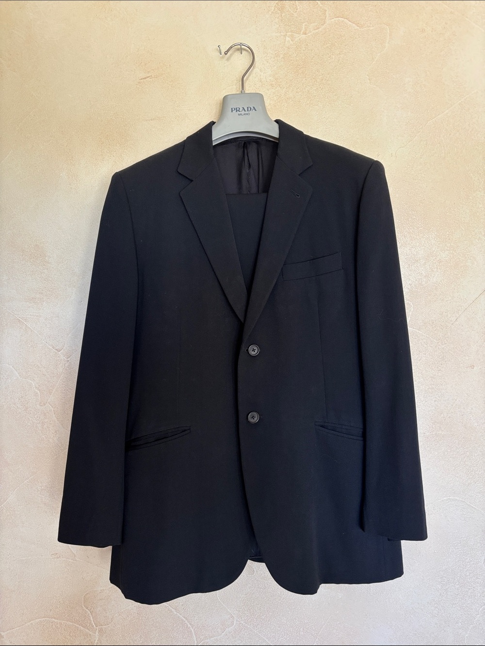 Prada Milano Black Wool Silk Suit IT 50 Made in Italy Minimalist Vintage